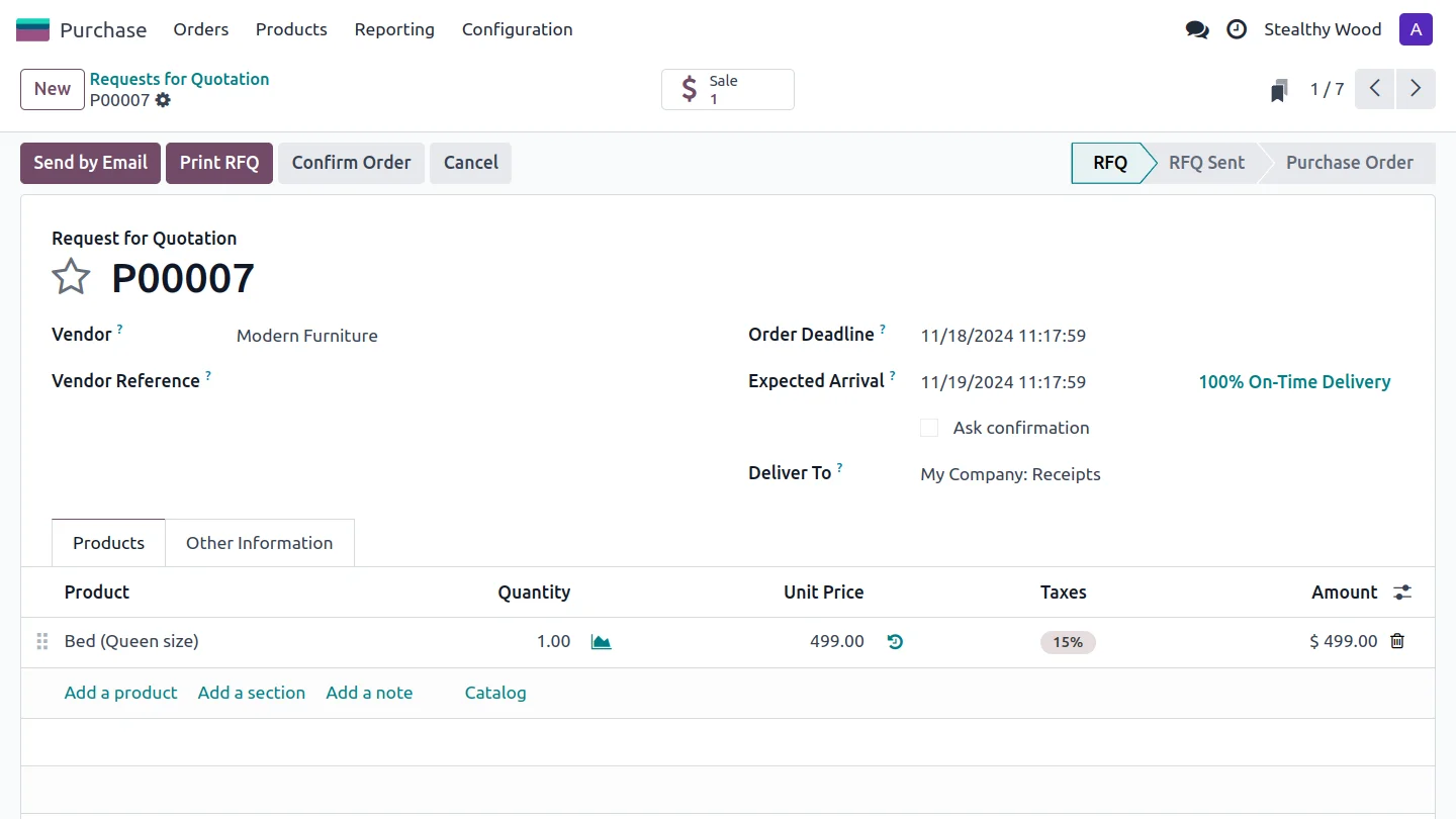 Bon de commande fournisseur meubles Odoo