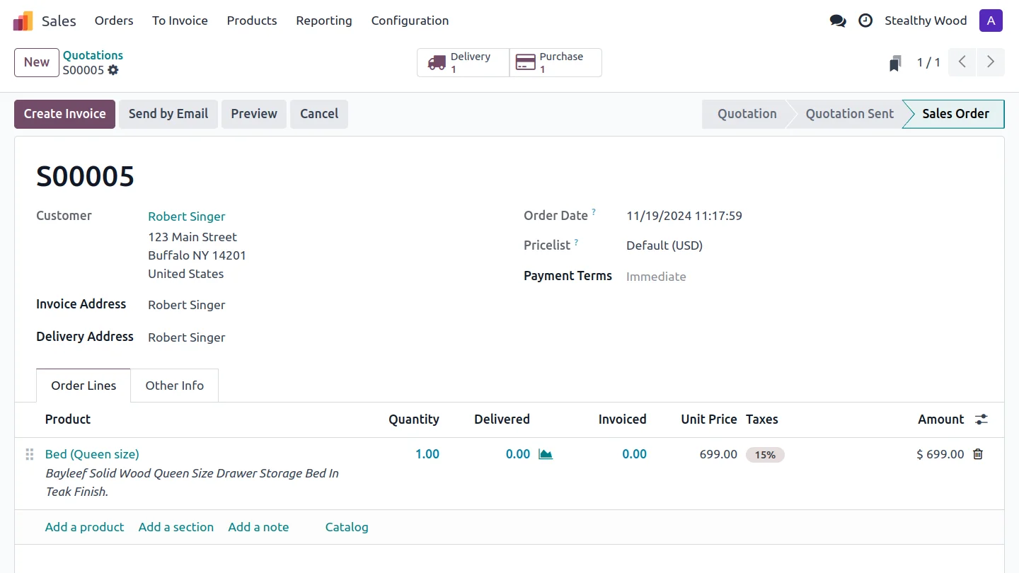 Commande de vente meuble sur mesure Odoo