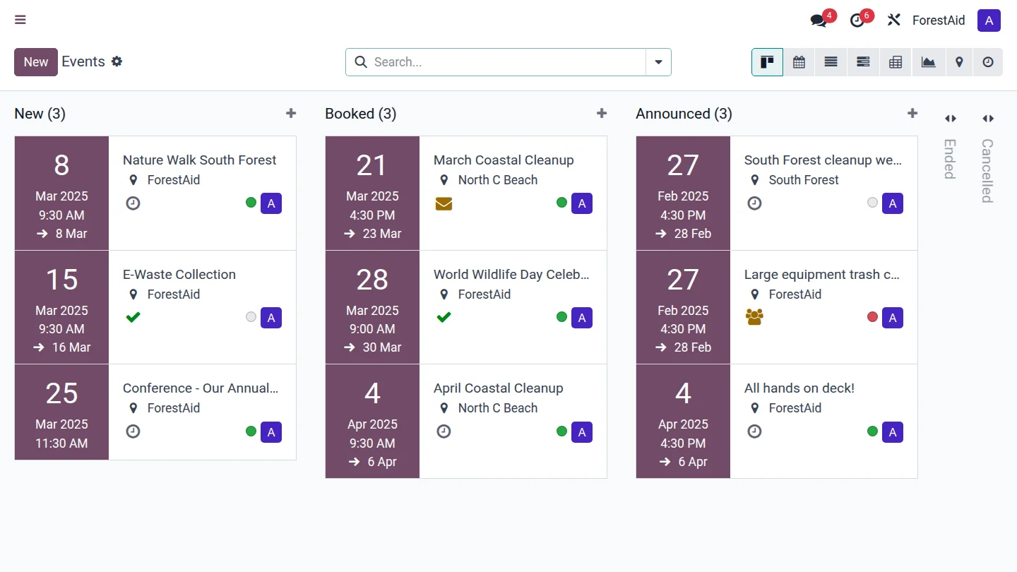 Kanban événements association Odoo