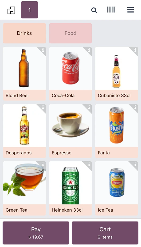 Point de vente Odoo mobile — boissons et commandes